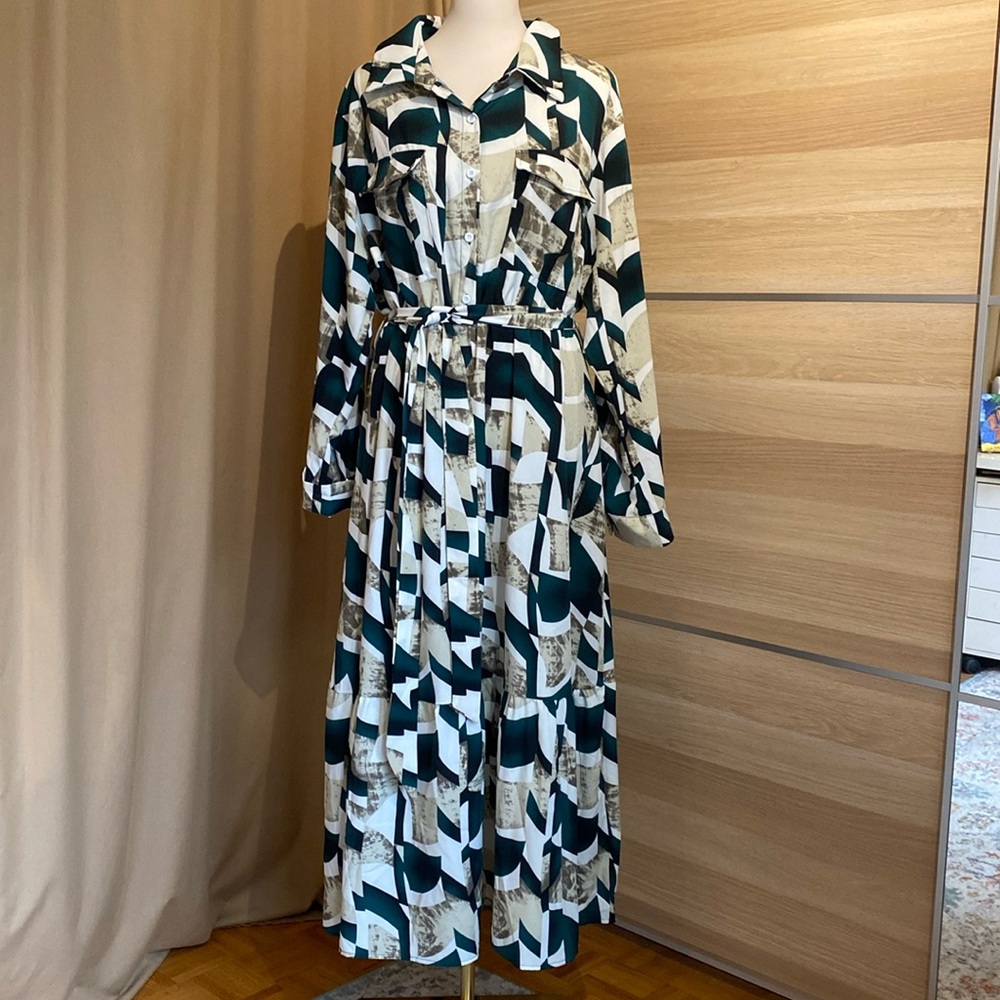 Women’s Geometric Print Button Front Midi Shirt Dress Belted Size 3XL